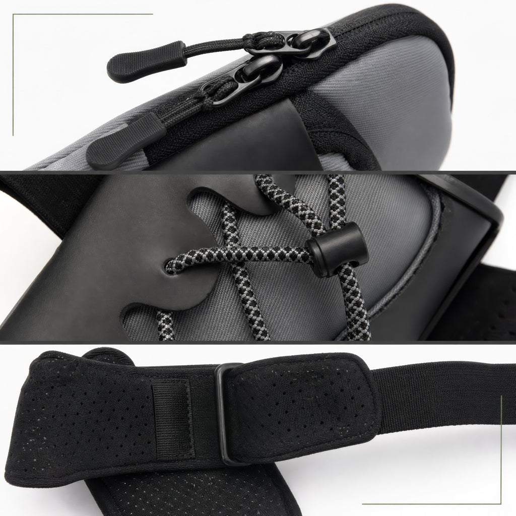 Dual zipper, elastic cord and arm strap details
