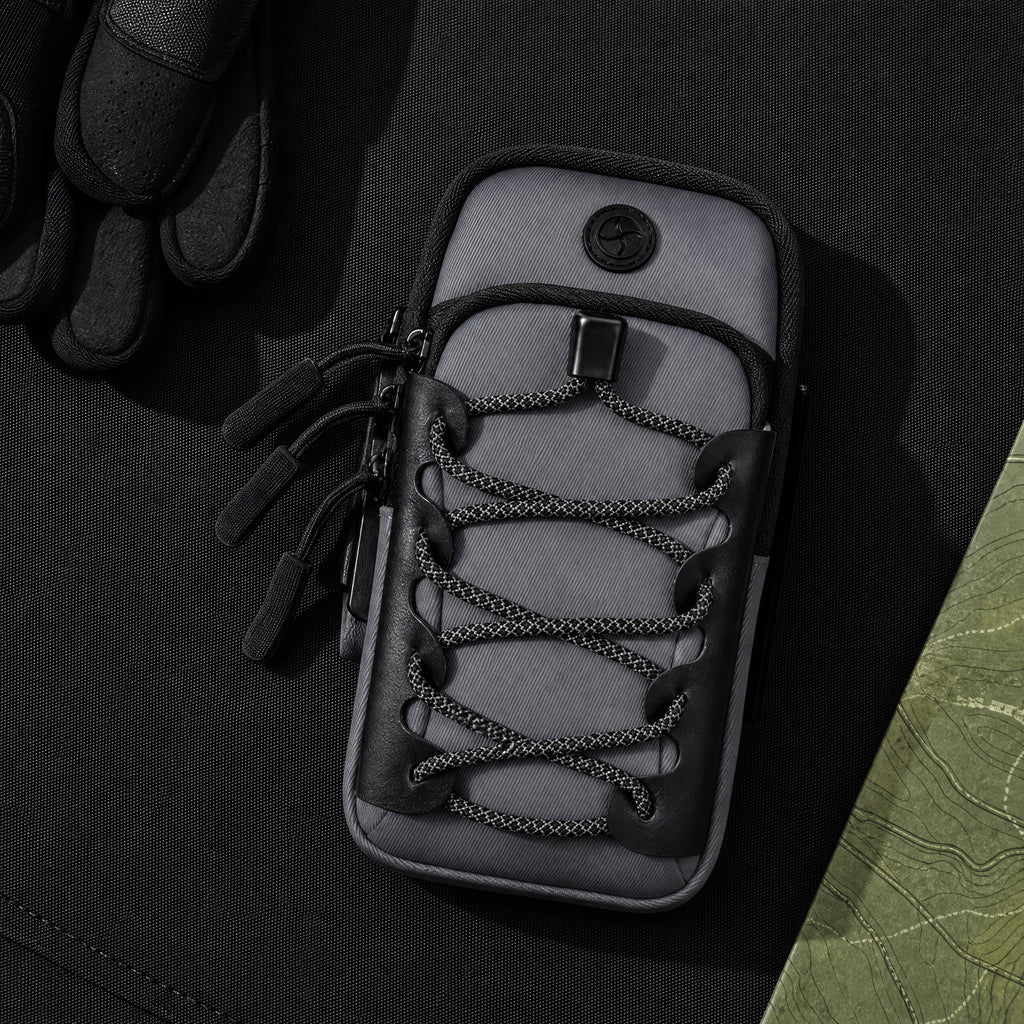 Smoke Gray trail phone pouch outdoor gear flat lay