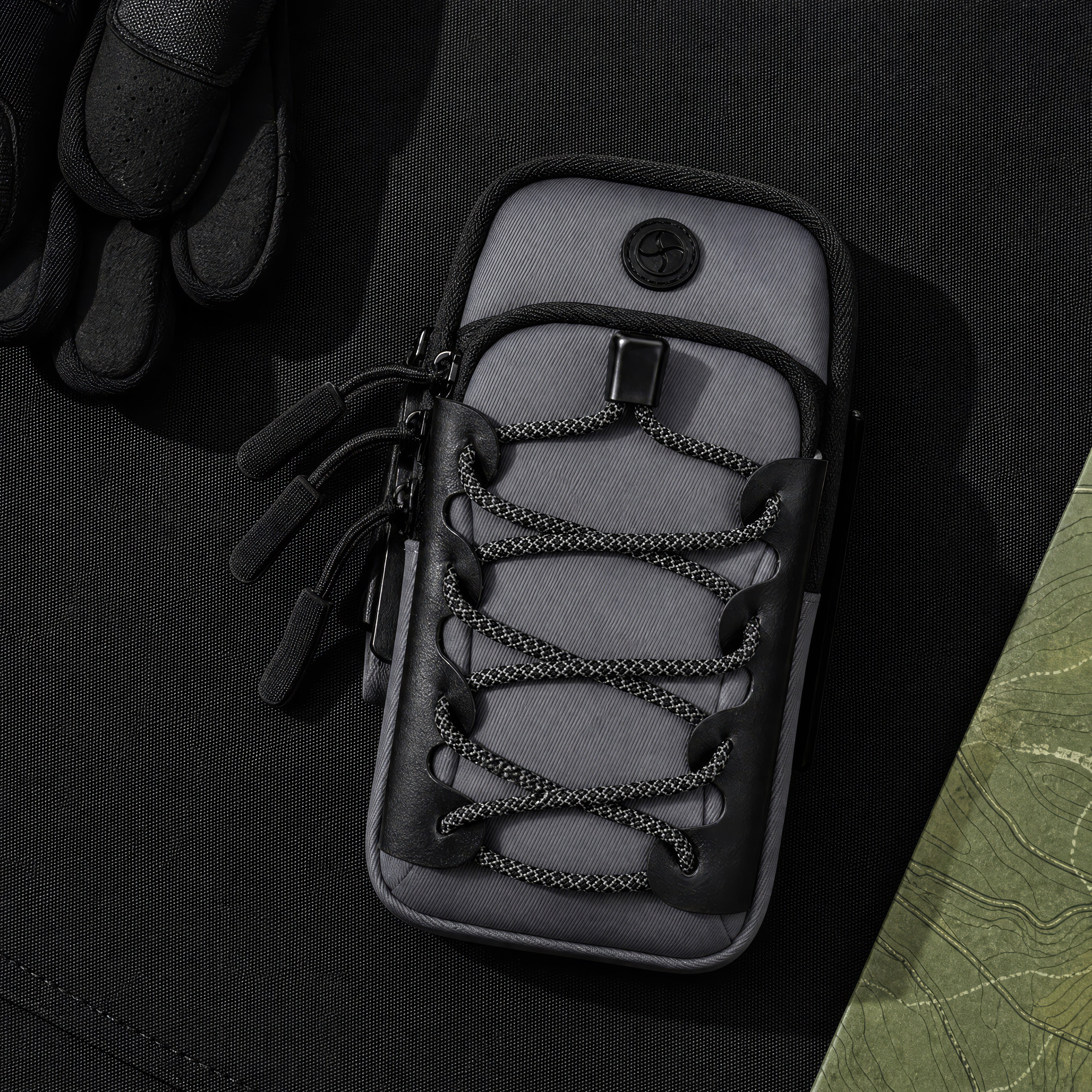 Smoke Gray trail phone pouch outdoor gear flat lay